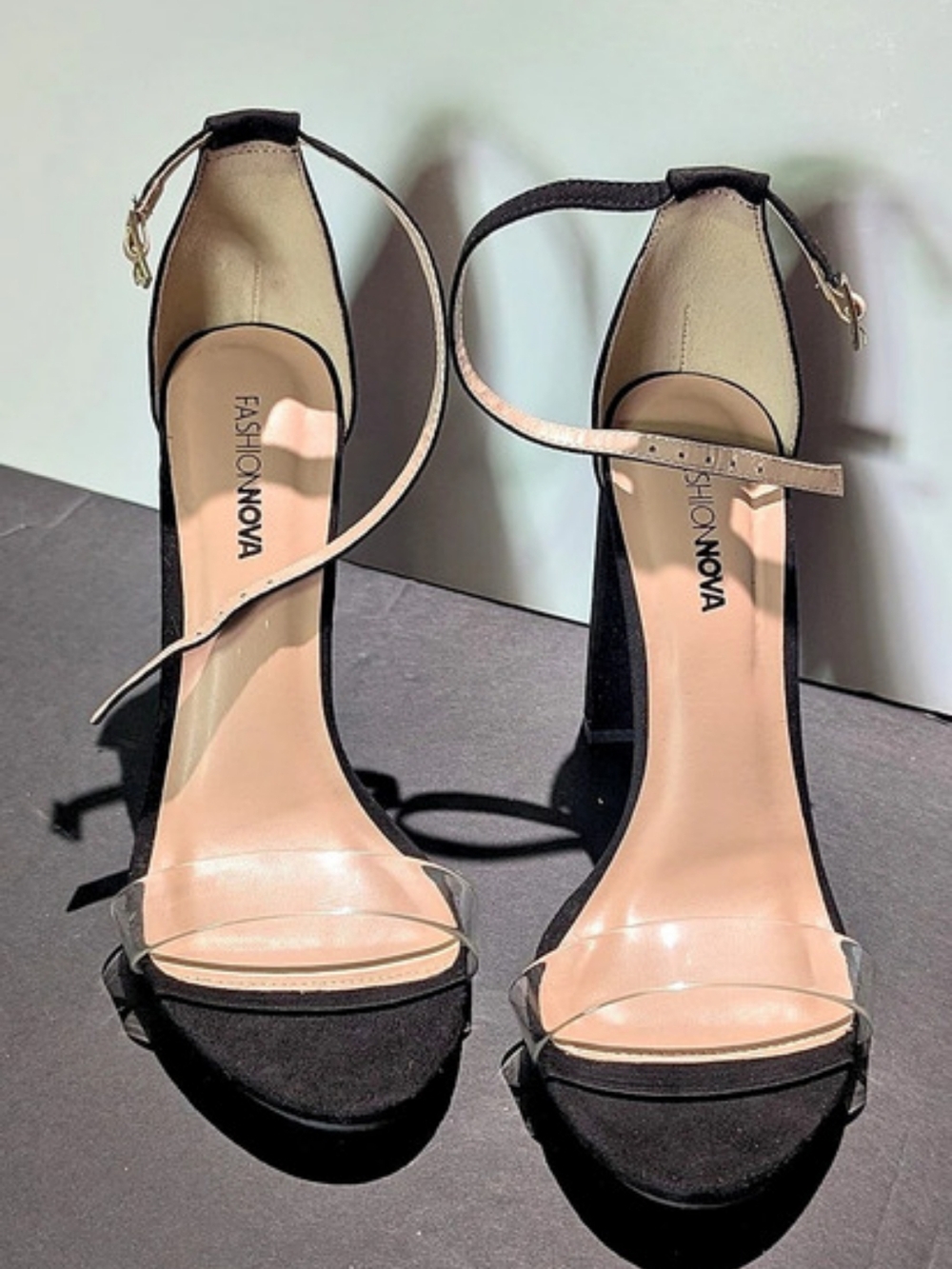 Fashion Nova Black Clear Strap Platform Heels